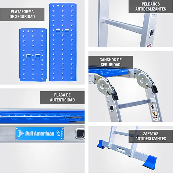 ESCALERA ALUMINIO MULTIUSOS + PLATAFORMA 12 PASOS 150KG AM150-12IA+ PASOS AMERICAN BULL