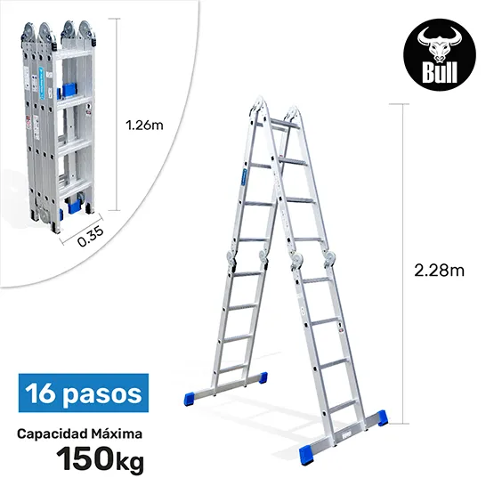 ESCALERA ALUMINIO MULTIUSOS 16 PASOS 150KG AM150-16IA AMERICAN BULL