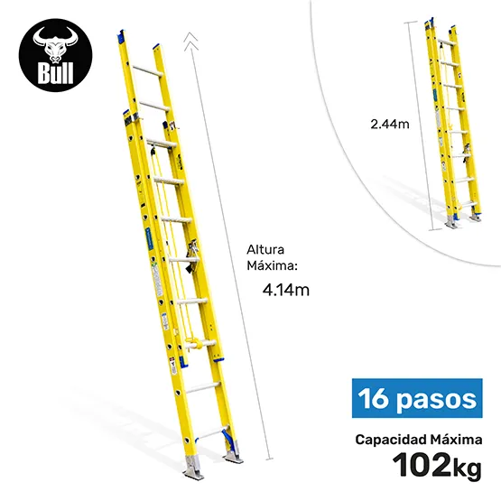 ESCALERA FIBRA TELESCOPICA 16 PASOS 102KG 4.14m FTT102-16II AMERICAN BULL