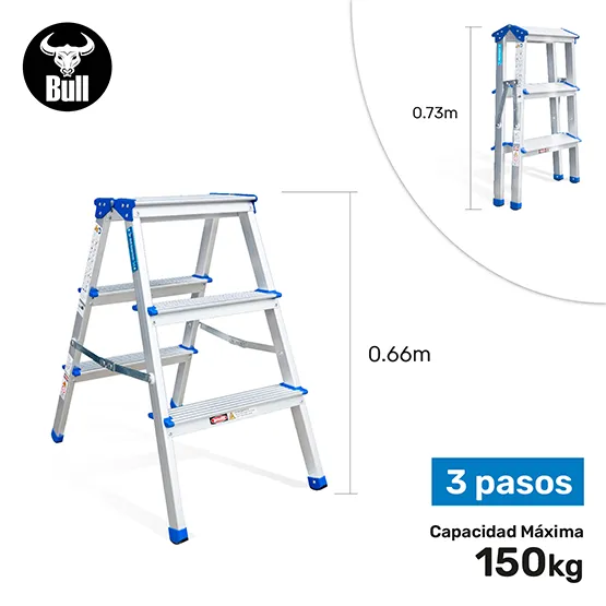 ESCALERA ALUMINIO TIPO BANQUETA DOBLE 3 PASOS 150KG 0.66m ABD150-3IA AMERICAN BULL