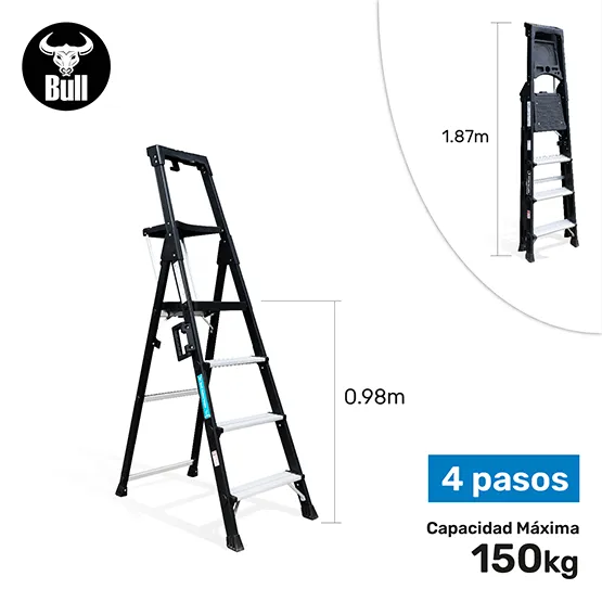 ESCALERA ALUMINIO PORTÁTIL HIGH QUALITY 4 PASOS 150KG 0.98m APHQ150-4IA AMERICAN BULL