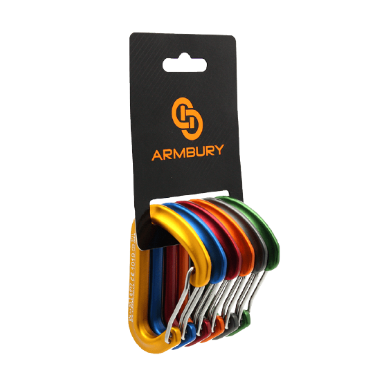 MOSQUETON ERGONOMICO ALUMINIO AMARILLO-AZUL-ROJO-NARANJA-NEGRO-VERDE O COLORES VARIOS SEGURO SIMPLE AUTOMATICO O SEGURO AUTOMATICO (SET 6PZ) 20 kN CE-