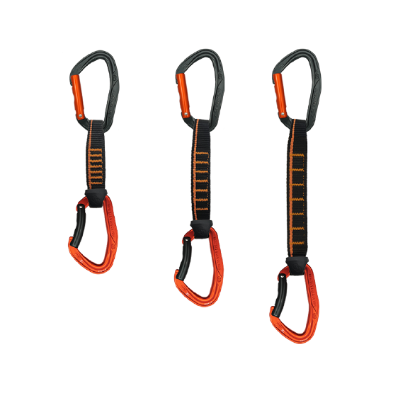 CINTA EXPRES MOSQUETON ERGONOMICO DUO ALUMINIO 16CM NEGRO-NARANJA SEGURO SIMPLE O SEGURO AUTOMATICO 24 kN CE-EN 12275-EN 566-UIAA ACE QD PA16/25 16CM 