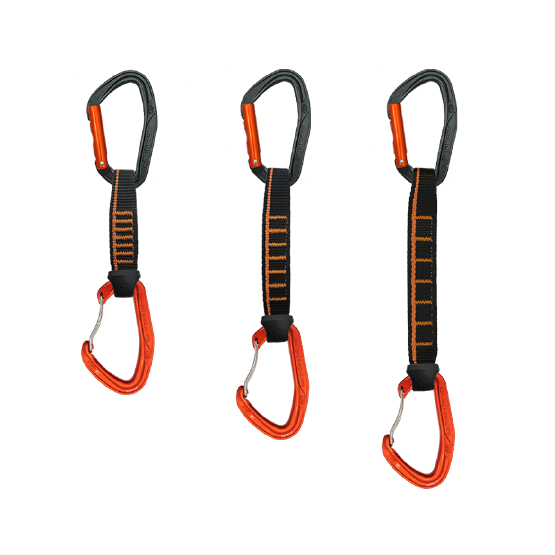 CINTA EXPRES MOSQUETON ERGONOMICO MIX ALUMINIO 16CM NEGRO-NARANJA SEGURO SIMPLE O SEGURO AUTOMATICO 24 kN CE-EN 12275-EN 566-UIAA ACE QD PA16/25 MIX 1