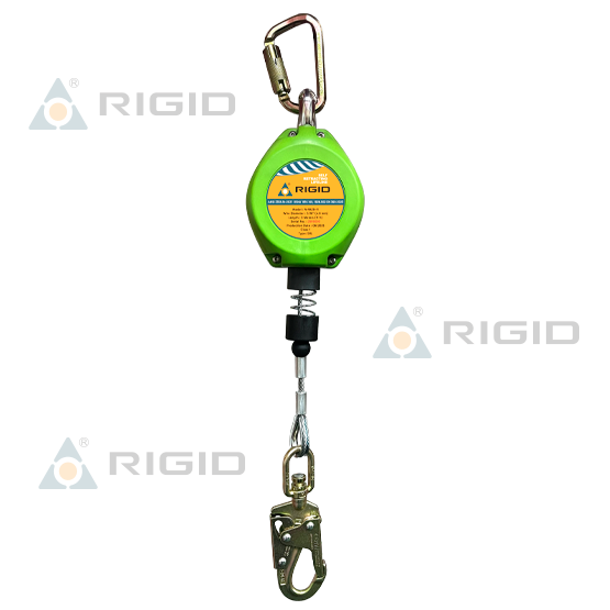 LÍNEA RETRÁCTIL N-9420-11 · LONGITUD: 3 m (10 ft) · CABLE DE ACERO: 4.8 mm (3/16”) · ABSORBEDOR INTERNO · MOSQUETÓN N-252 + GANCHO ACERO 21 mm N-3615 · RIGID
