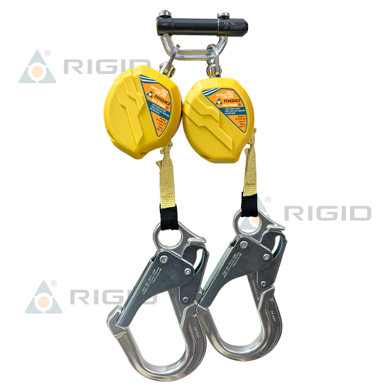 LÍNEA RETRÁCTIL DOBLE (TWIN) N-9158-06 · LONGITUD: 1.8 m (6 ft) · CINTA: 19 mm (3/4”) KEVLAR · ABSORBEDOR INTERNO · CONECTOR DUAL N-331 + GANCHO ALUMINIO 61 mm N-5271T · RIGID